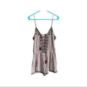 American Eagle Boho Mirror Trim Fringe Romper, Maroon - Size L -